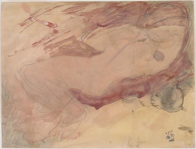 LE FEU, FEMME NUE, ETENDUE ET LES JAMBES REPLIEES_0