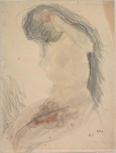 FEMME NUE ASSISE DE PROFIL, LES MAINS A LA CHEVELURE_0