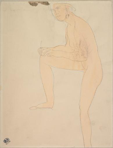 FEMME NUE DE PROFIL ECRIVANT SUR UN GENOU DRESSE_0