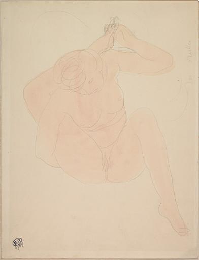 OREILLER, FEMME NUE ASSISE, UNE JAMBE PASSEE DERRIERE LE COU_0