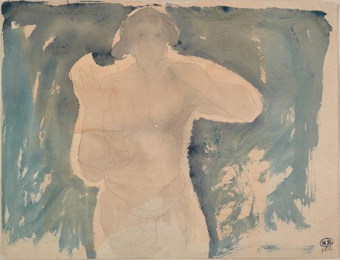 FEMME NUE A MI-CORPS, UNE MAIN AU MENTON_0