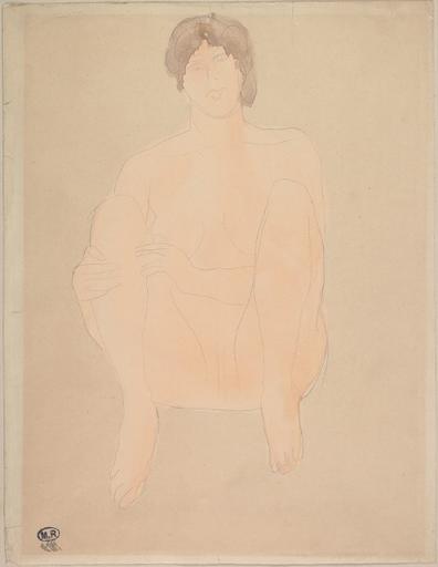 FEMME NUE, ASSISE DE FACE ET LES JAMBES REPLIEES CONTRE ELLE, UNE MAIN AU REVERS_0