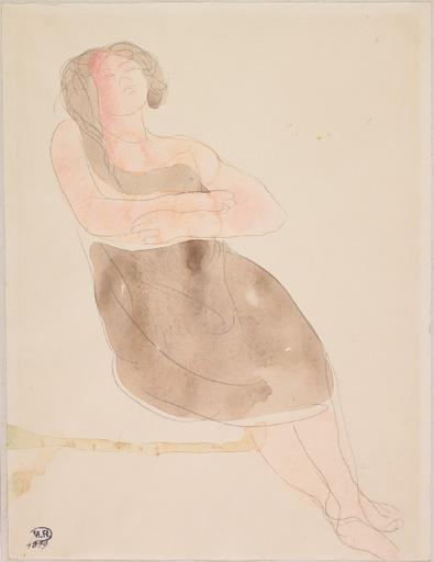 FEMME VETUE, ASSISE VERS LA DROITE, BRAS ET JAMBES CROISES_0