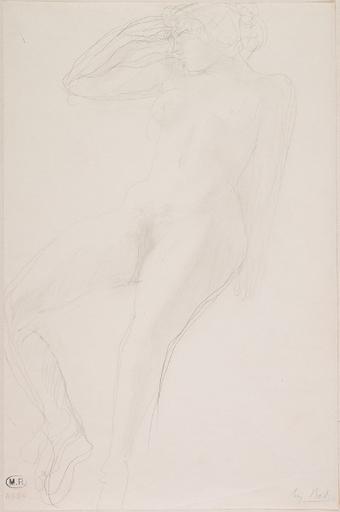 FEMME NUE ASSISE, UNE MAIN AU FRONT_0