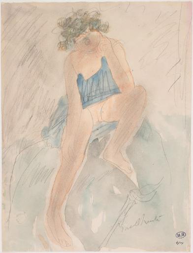 BACCHANTE, FEMME ASSISE, LE VETEMENT RELEVE JUSQU'A LA TAILLE_0