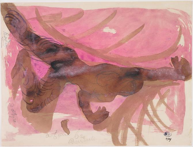 SATYRE, FEMME NUE AUX JAMBES REPLIEES, UN BRAS TENDU A LA VERTICALE_0