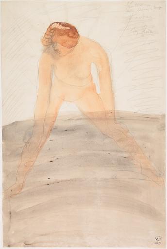 ENTRE CHIEN ET LOUP, FEMME NUE DEBOUT, PENCHEE EN AVANT ET LES JAMBES ECARTEES_0