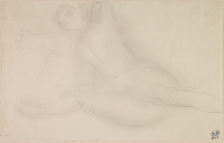 FEMME NUE ALLONGEE TENANT SA JAMBE DROITE DRESSEE_0