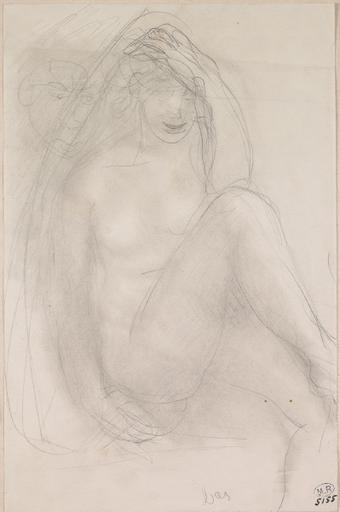 FEMME NUE ASSISE, UNE JAMBE RELEVEE ET UNE MAIN A LA TETE, SUR LA GAUCHE UN VISAGE EN RETRAIT_0