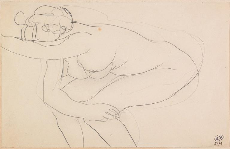 FEMME NUE ASSISE, PENCHEE EN AVANT, UN BRAS TENDU_0