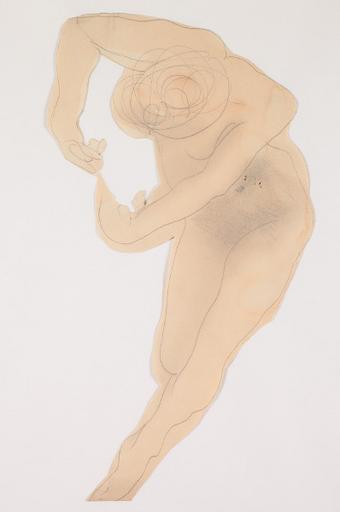 FEMME NUE, UNE JAMBE A DEMI-REPLIEE ET LES MAINS JOINTES EN ARC DE CERCLE DEVANT ELLE_0