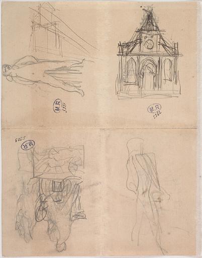 QUATRE ETUDES POUR LE BALZAC NU ET FACADE DE L'EGLISE SAINT JACQUES ET SAINT CHRISTOPHE A HOUDAN, IDEM AU VERSO_0