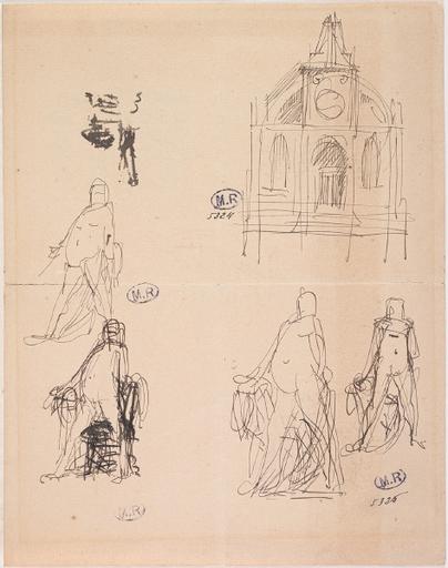 QUATRE ETUDES POUR LE BALZAC NU ET FACADE DE L'EGLISE SAINT JACQUES ET SAINT CHRISTOPHE A HOUDAN, IDEM AU VERSO_1