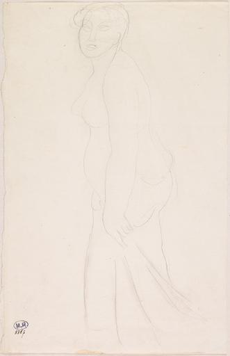 FEMME NUE DE PROFIL A GAUCHE, UN VETEMENT AU BOUT DU BRAS_0