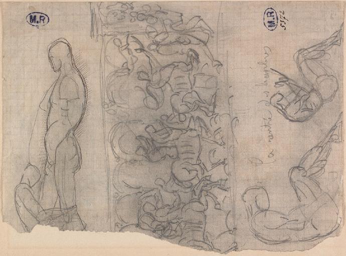 FEUILLE D'ETUDES.DEUX PERSONNAGES DE PROFIL, L'UN AUX PIEDS DE L'AUTRE, FRISE DE CENTAURES, DE PERSONNAGES DE PROFIL A DEMI-ALLONGES.AU VERSO, DEUX HOMMES CARIATIDES DE CHAQUE COTE D'UN PORCHE, EBAUCHE D'UN HOMME A MI-CORPS_0