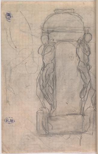 FEUILLE D'ETUDES.DEUX PERSONNAGES DE PROFIL, L'UN AUX PIEDS DE L'AUTRE, FRISE DE CENTAURES, DE PERSONNAGES DE PROFIL A DEMI-ALLONGES.AU VERSO, DEUX HOMMES CARIATIDES DE CHAQUE COTE D'UN PORCHE, EBAUCHE D'UN HOMME A MI-CORPS_1