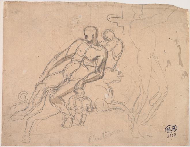 L'AUTOMNE, HOMME NU A DEMI-ETENDU SUR UN ANIMAL, TROIS AUTRES SILHOUETTES SONT AUTOUR, AU VERSO ETUDE D'APRES LE GLADIATEUR BORGHESE_0