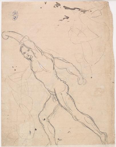 L'AUTOMNE, HOMME NU A DEMI-ETENDU SUR UN ANIMAL, TROIS AUTRES SILHOUETTES SONT AUTOUR, AU VERSO ETUDE D'APRES LE GLADIATEUR BORGHESE_1