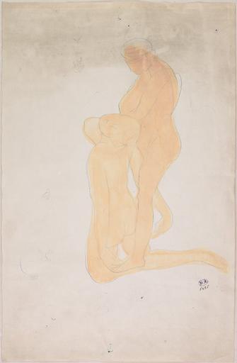 COUPLE SAPHIQUE.DEUX FEMMES NUES L'UNE EST DEBOUT ET DE PROFIL CONTRE L'AUTRE QUI EST AGENOUILLEE_0