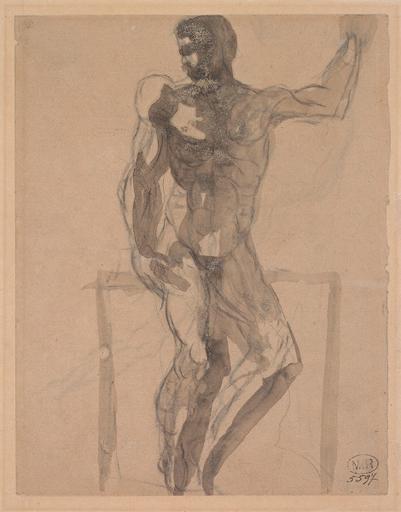 ETUDE D'HOMME NU, ASSIS, AU BRAS LEVE_0