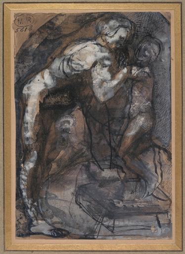 MICHEL ANGE, PERSONNAGE PENCHE VERS UN ENFANT JUCHE SUR UN TABOURET_0