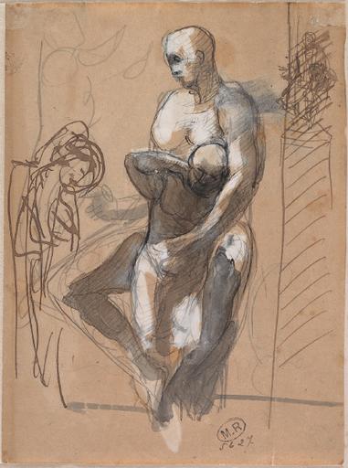 OMBRES D'HOMME ET D'ENFANT, AU VERSO TETE D'HOMME BARBU ET PROFIL SUR LA DROITE_0