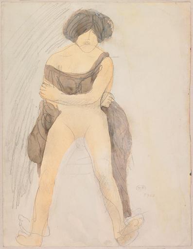 FEMME ASSISE AUX BRAS CROISES, LE VETEMENT RELEVE JUSQU'A LA TAILLE_0