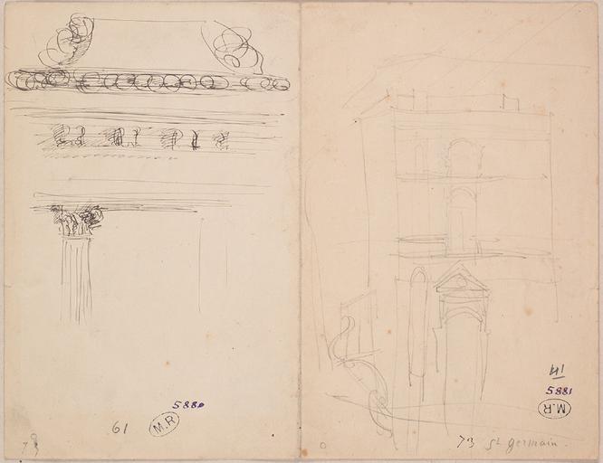 ENTABLEMENT A ANCY-LE FRANC, ?, ET FACADE DU CHATEAU DE SAINT GERMAIN EN LAYE ?, AU VERSO A L'ENVERS, MOULURES ET SUPERPOSITION DE NICHES ET DE PILASTRE SUR UNE ARCATURE A REIMS, ?_0