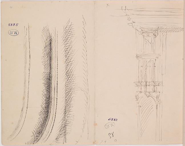 ENTABLEMENT A ANCY-LE FRANC, ?, ET FACADE DU CHATEAU DE SAINT GERMAIN EN LAYE ?, AU VERSO A L'ENVERS, MOULURES ET SUPERPOSITION DE NICHES ET DE PILASTRE SUR UNE ARCATURE A REIMS, ?_1