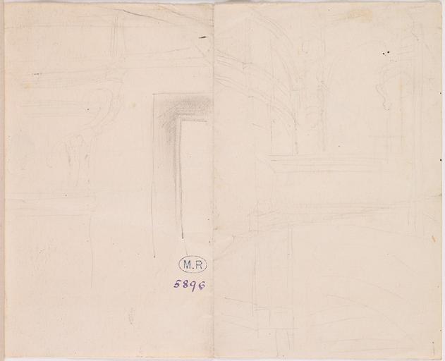 CHAPITEAU ET ESCALIER ?, AU VERSO MOULURES ET FRONTON A SOISSONS ?_0