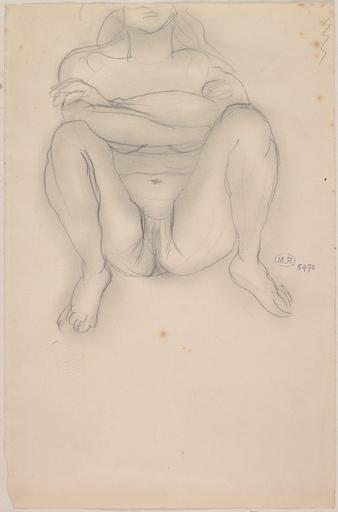 FEMME NUE ACCROUPIE DE FACE, JAMBES ECARTEES ET BRAS CROISES, LE VISAGE EST COUPE PAR LE BORD DE LA FEUILLE_0