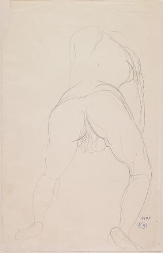 FEMME NUE DE DOS, COUDES ET GENOUX AU SOL, UNE MAIN AU SEXE_0