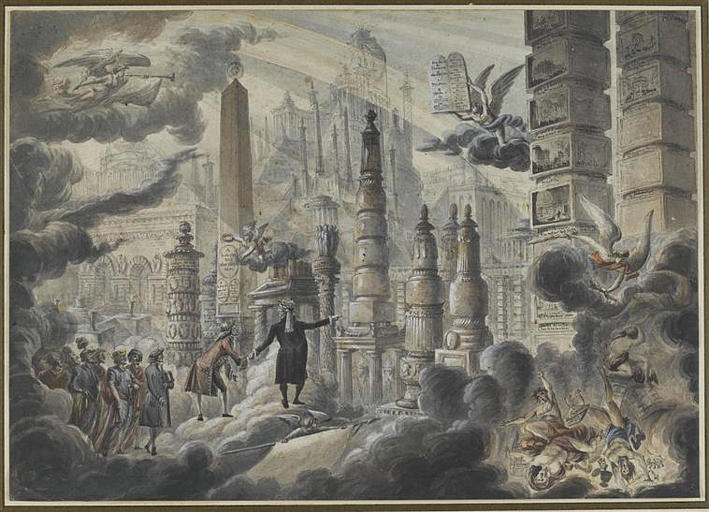 BAILLY CONDUIT VOLTAIRE ET AUTRES PRECURSEURS DE LA REVOLUTION FRANÇAISE VERS LA CITE FUTURE OU SE VOIENT LE TEMPLE DE FRANKLIN ET DE MIRABEAU, L'OBELISQUE DE LOUIS XVI, DE LA FAYETTE ET BAILLY ET UN GRAND NOMBRE DE SINGULIERS MONUMENTS COMMEMORATIFS DES HOMMES ET DES ACTES DE LA REVOLUTION FRANÇAISE_0