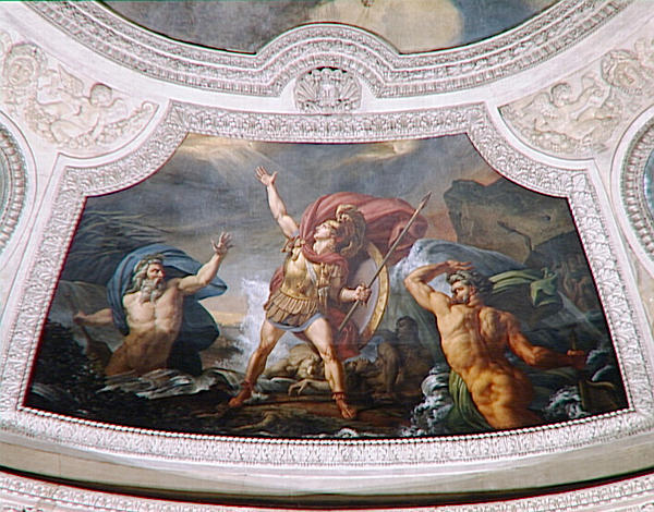 L'EAU.ACHILLE PRES D'ETRE ENGLOUTI PAR LE XANTHE ET LE SIMOIS, IRRITES DU CARNAGE QU'IL A FAIT DES TROYENS_0