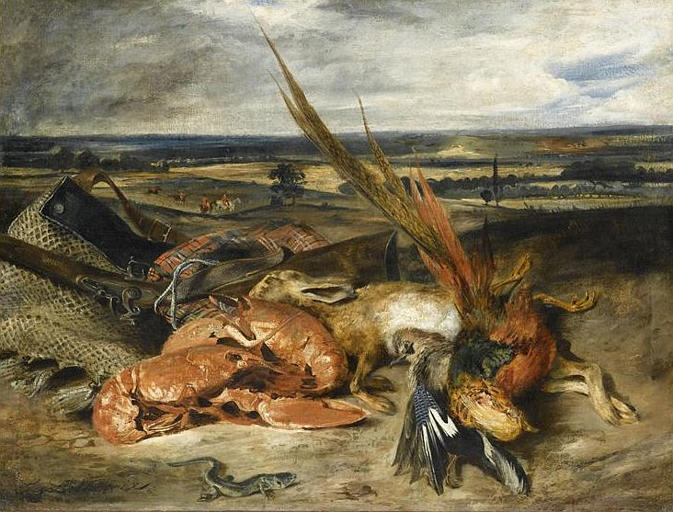 TABLEAU DE NATURE MORTE, dit NATURE MORTE AU HOMARD ET TROPHEES DE CHASSE ET DE PECHE_0