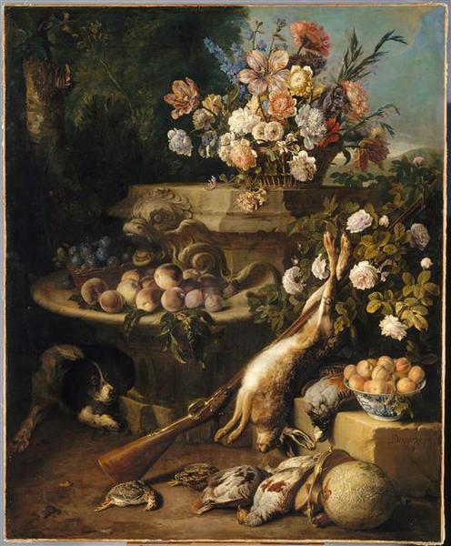 Gibier, fleurs, fruits et un chien_0