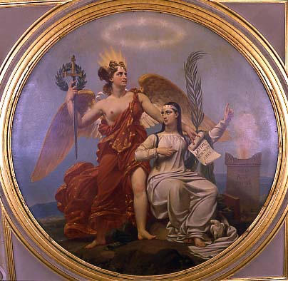 Plafond : La véritable Gloire s'appuie sur la Vertu (au centre). Mars, couronné par la Victoire, écoutant la Modération, arrête ses coursiers et baisse ses javelots (à gauche). Le Temps élève la Vérité vers les marches du trône, la Sagesse l'y reçoit, un génie naissant l'écoute, les armes royales sont à ses pieds (côté droit)_1