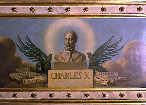 Plafond : La véritable Gloire s'appuie sur la Vertu (au centre). Mars, couronné par la Victoire, écoutant la Modération, arrête ses coursiers et baisse ses javelots (à gauche). Le Temps élève la Vérité vers les marches du trône, la Sagesse l'y reçoit, un génie naissant l'écoute, les armes royales sont à ses pieds (côté droit)_2