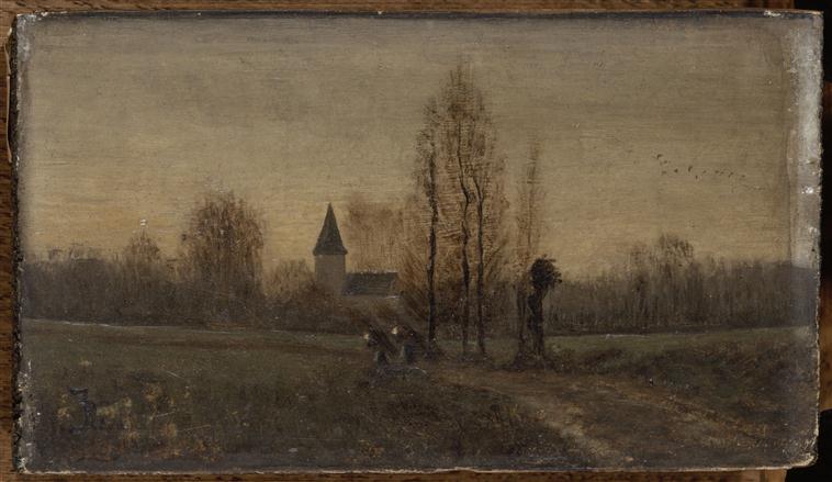 Paysage avec une église et deux femmes portant des fagots_0