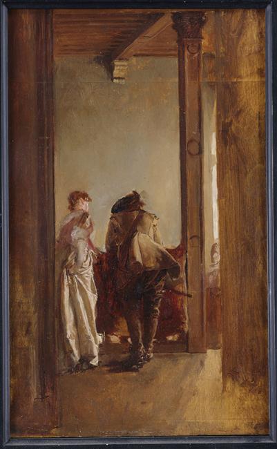Le dernier adieu au chevalier, dit aussi Cavalier et jeune femme regardant du haut d'un escalier_0