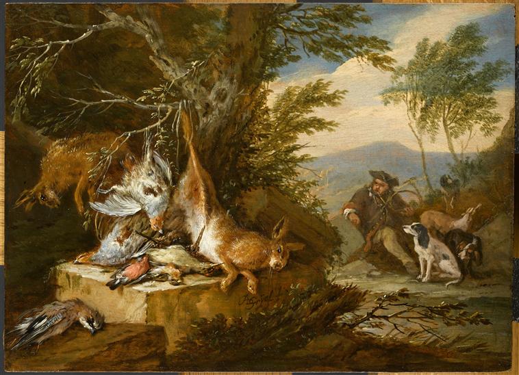 GIBIER PRES D'UN ARBRE ET CHASSEUR SONNANT DE LA TROMPE_0