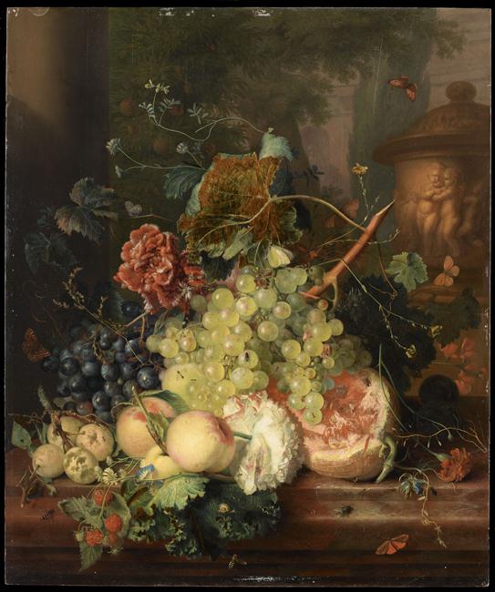 FRUITS ET FLEURS PRES D'UN VASE ORNE D'AMOURS_0