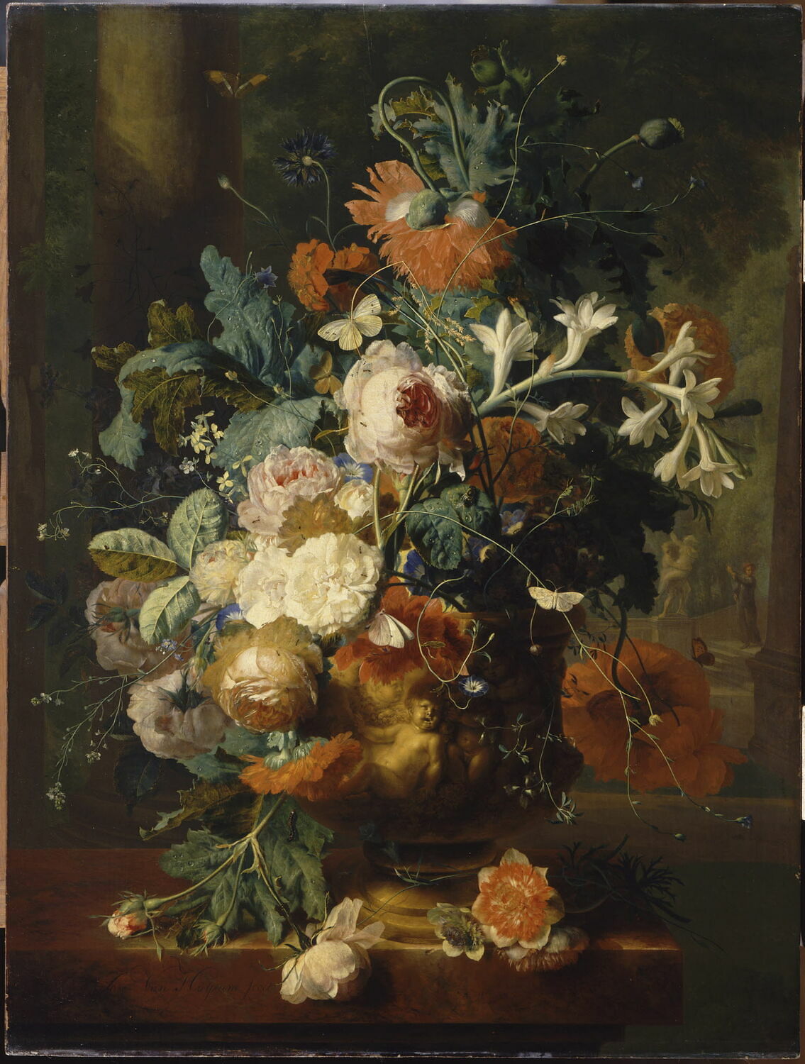 VASE DE FLEURS SUR FOND DE PARC AVEC STATUE_0