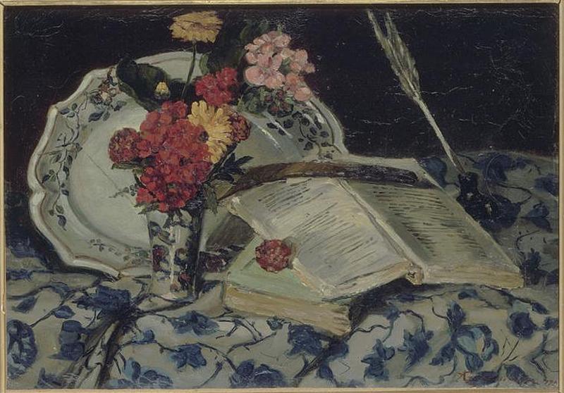 NATURE MORTE ; FLEURS, FAIENCE, LIVRES_0