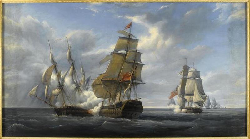 COMBAT DE LA FREGATE FRANCAISE 'LA CANONNIERE' CONTRE LE VAISSEAU ANGLAIS 'LE TREMENDOUS'.21 AVRIL 1806, Pierre Julien Gilbert, 1835