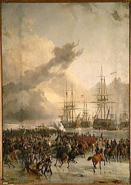 LA CAVALERIE FRANCAISE PREND LA FLOTTE BATAVE ARRETEE PAR LES GLACES DANS LES EAUX DU TEXEL.21 JANVIER 1795, Charles Louis Mozin, 1836