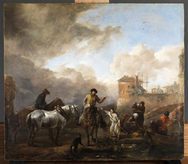 ATTELAGE ET PAYSANS SUR LE BORD D'UNE RIVIERE_0