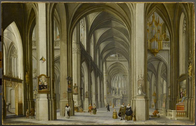 Intérieur d'église avec famille au premier plan_0