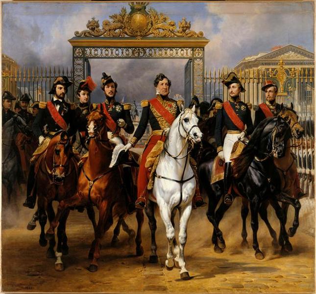 Louis-Philippe et ses fils à cheval devant la grille du château de Versailles_0