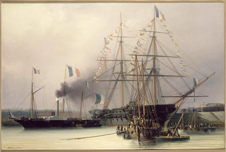 Transbordement des cendres de Napoléon 1er de la 'Belle Poule' sur le vapeur 'Normandie' en rade de Cherbourg, 8 décembre 1840, Antoine Léon Morel-Fatio, 1841